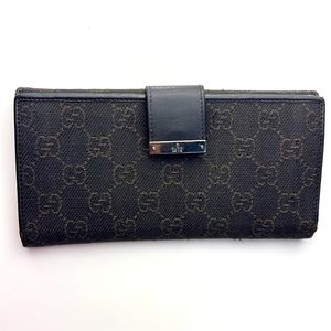 Auth. GUCCI GG Logo Canvas & Leather Long Bi-fold Wallet Brown Black Monogram